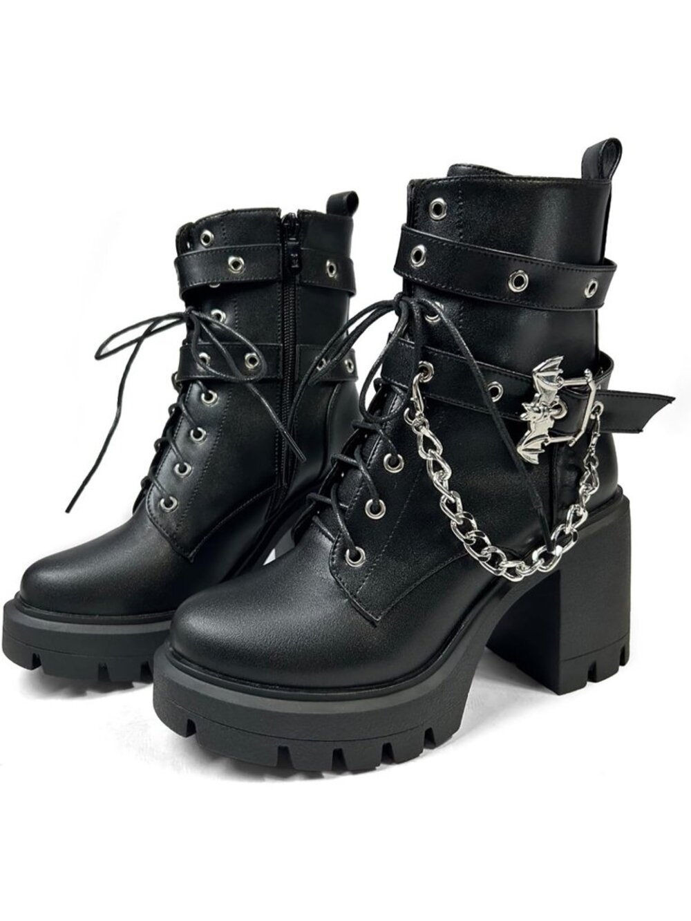 Women's Chain Black Buckles Rivet Goth Block Heel Round Toe Zipper Ankle Boots